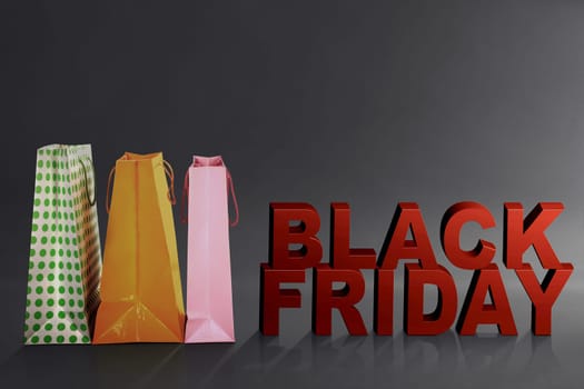 Black Friday text with colorful paper bag over black background