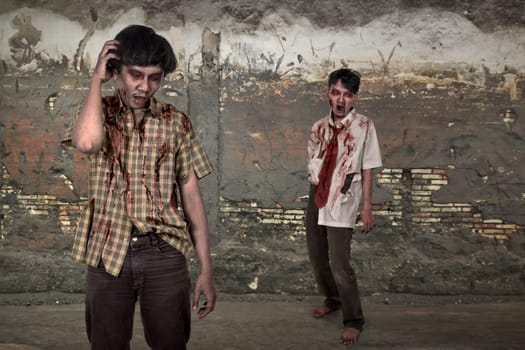 Horrible two asian zombies with blood standing on the old house
