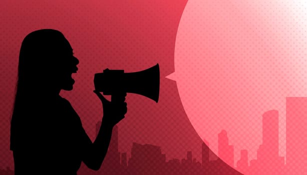 Silhouette of woman holding megaphone with empty copyspace area against red background