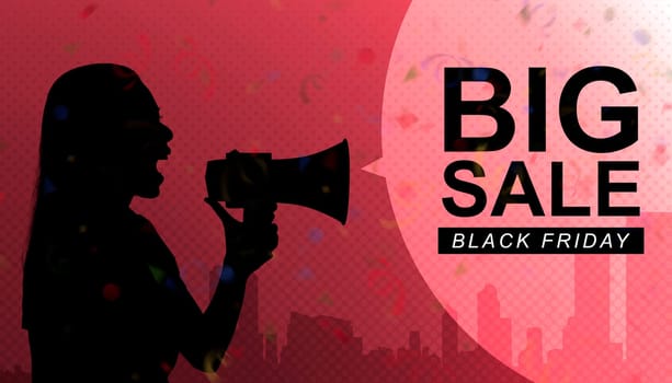 Silhouette of woman with megaphone telling big sale on Black Friday day