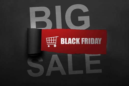 Shopping cart and Black Friday text on the paper torn