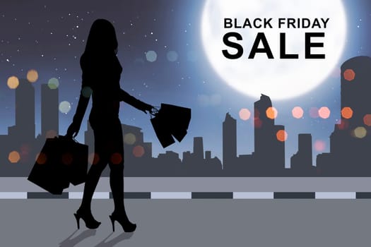 Silhouette woman shopping with paperbag on Black Friday in the city background