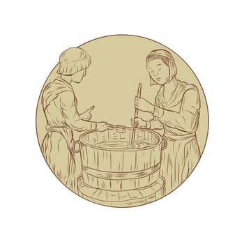 Illustration of two medieval Alewife Brewing Beer ale in vat open top barrel done in hand drawn sketch Drawing style.