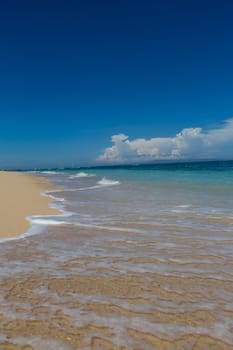 Beautiful secluded sandy beach in the Caribbean with white sand and blue sky as in paradise