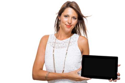 Young attractive woman with tablet PC for presentation with text space isolated on white background