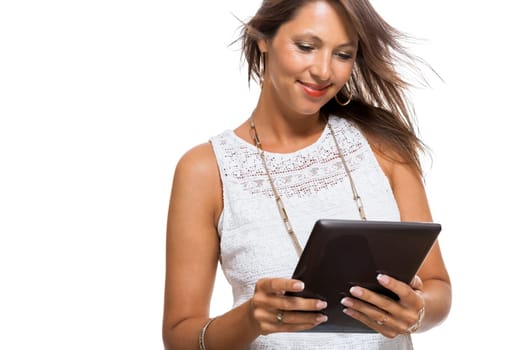 Young attractive woman with tablet PC for presentation with text space isolated on white background