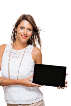 Young attractive woman with tablet PC for presentation with text space isolated on white background