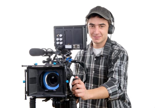 young cameraman with movie camera on the white background