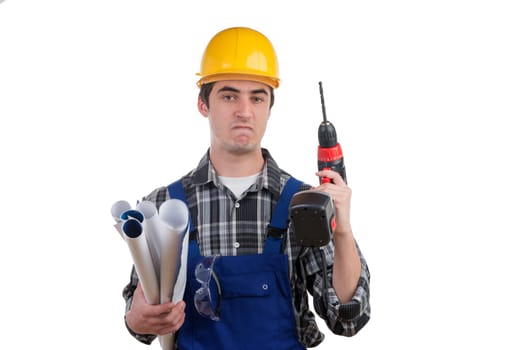 young worker with a drill is angry on the white background