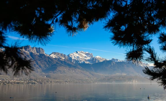 Lake Annecy in France in autumn at sunset
