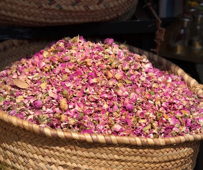 dried herbs flowers (rose) in the Marrakesh street shop