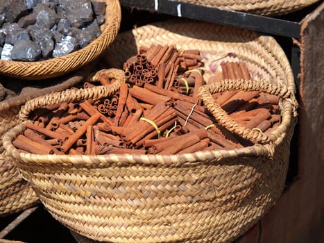 dried cinnamon spices in the Marrakesh street shop