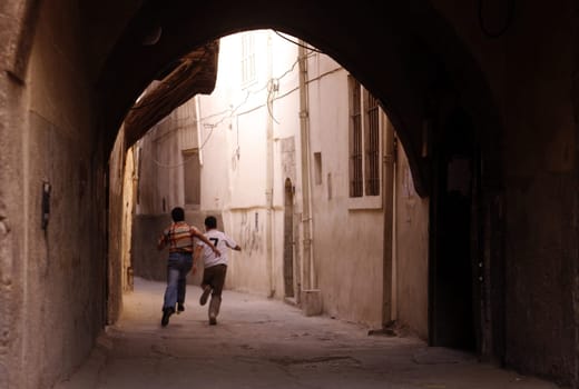 An alley in the Souq and Old City of Damascus in the capital of Syria.