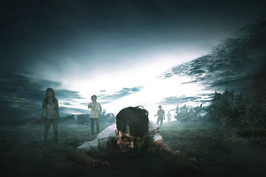 Crowd of creepy asian zombies with angry face walking around on the spooky countryside