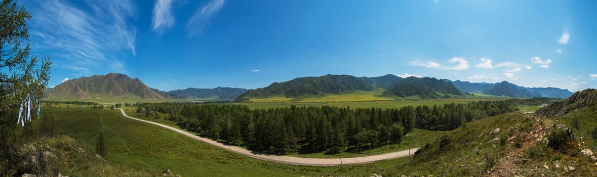 Beauty panoramic picture of summer Altai. Green and yellow meadow with trees on mountain background