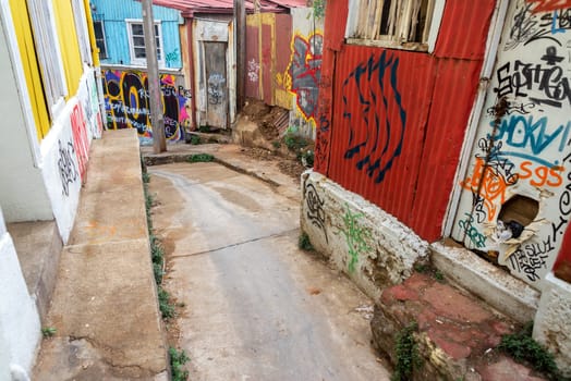 VALPARAISO, CHILE - MAY 29: View of a narrow colorful street in Valparaiso, Chile on May 29, 204