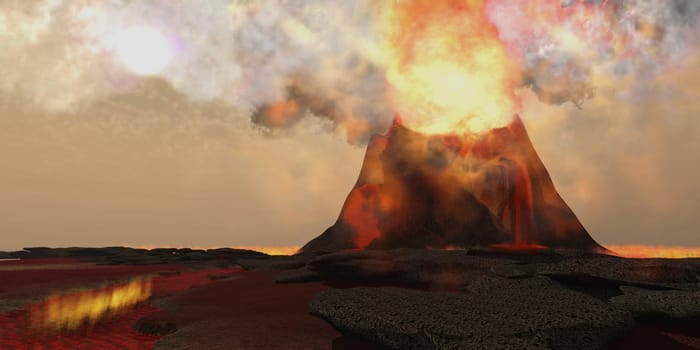 Red hot lava rolls out of the mouth of an erupting volcano full of fire and brimstone.