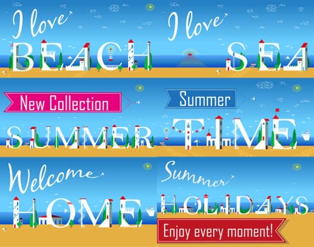 Travel cards. Artistic font. I love beach. I love sea. New collection. Summer time. Welcome home. Summer holidays. Enjoy every moment. White houses on the beach. Plane in the sky.  illustration