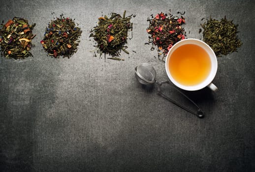 Dry Tea collection of different types on gray background