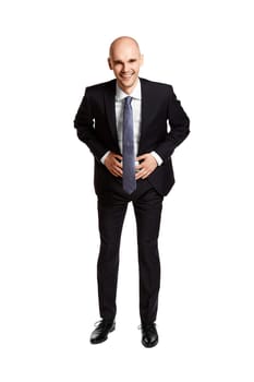 Full lenght portrait of laughing young businessman on white background.