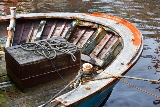 Wooden chest on the back side of a rusty old dirty ship