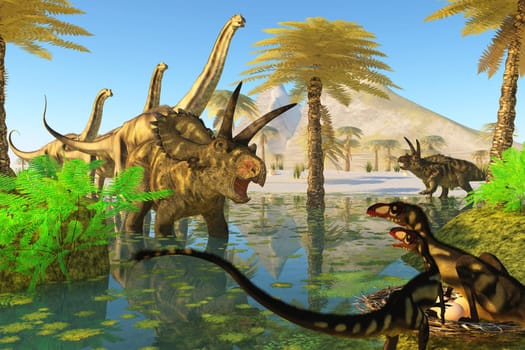 Two Dilong dinosaurs guard their nest when a Coahuilaceratops dinosaur comes over to investigate.