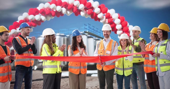 diverse group of engineers open a new silo facility.