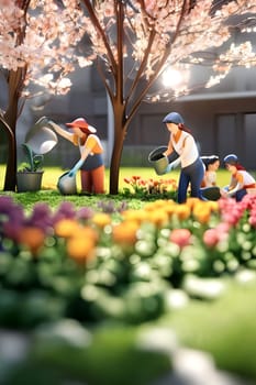 Gardeners planting flowers toys spring art nature working business workshop generated ai alt. High quality photo illustration image wallpaper poster decor design