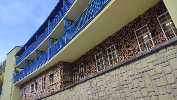 building hotel apartments residential house architect windows balconies brick construction. High quality photo