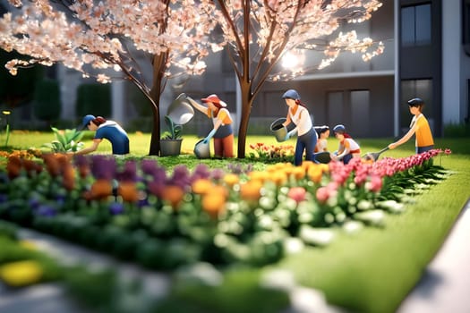 Gardeners planting flowers toys spring art nature working business workshop generated ai alt. High quality photo illustration image wallpaper poster decor design