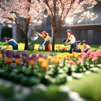 Gardeners planting flowers toys spring art nature working business workshop generated ai alt. High quality photo illustration image wallpaper poster decor design
