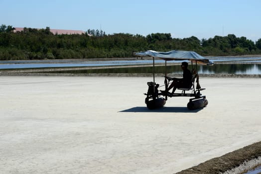 A salt field for the extraction of sea salt south-west of the city of Bangkok in Thailand in South East Asia.