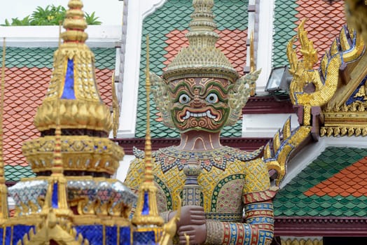 The temple complex of Wat Phra Kaew in the capital Bangkok of Thailand in South East Asia.