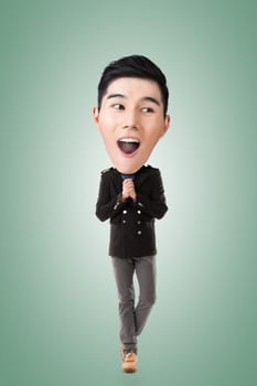 Funny Asian big head man, full length portrait.