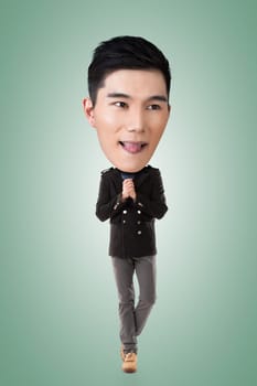 Funny Asian big head man, full length portrait.