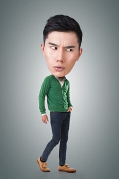Funny Asian big head man, full length portrait.