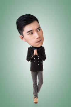 Funny Asian big head man, full length portrait.