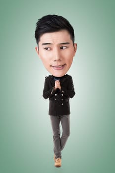 Funny Asian big head man, full length portrait.