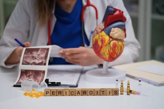 A comprehensive professional overview of pericarditis, featuring medical tools and a detailed heart model