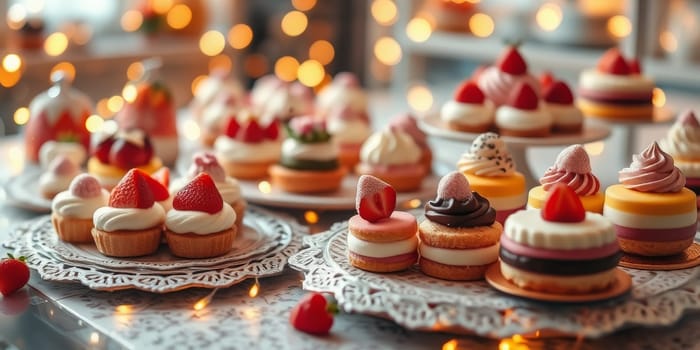 Glass display case with cakes in a confectionery store. High quality photo
