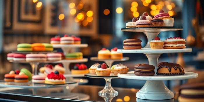 Glass display case with cakes in a confectionery store. High quality photo