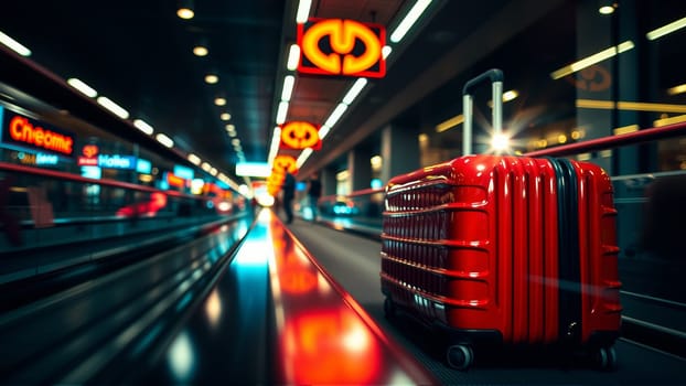 Red suitcase in the airport building. High quality photo