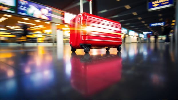 Red suitcase in the airport building. High quality photo