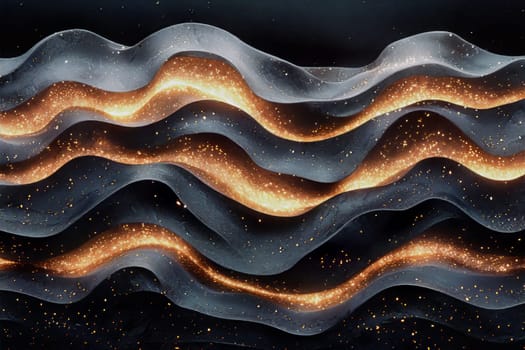 Intricate waves undulate with glimmering golden highlights against a dark background, evoking a sense of movement and wonder.