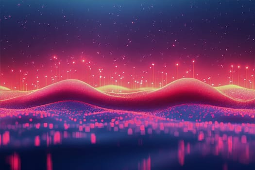 A stunning visual of undulating hills illuminated by bright neon hues under a starry night sky, showcasing a surreal digital realm.