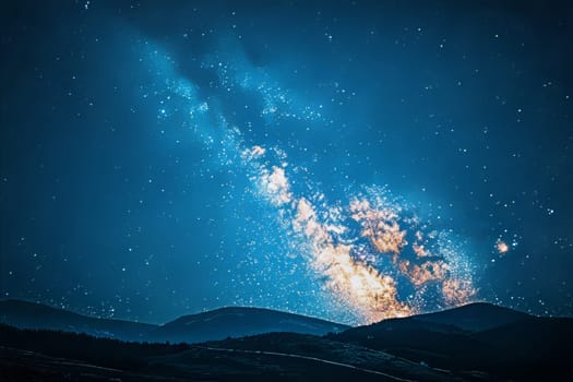 Vibrant colors swirl in the cosmos as a galaxy spills light over peaceful mountains under a starlit sky at night.