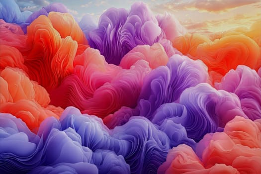 Soft hues of pink, purple, and orange create a dreamy sky filled with swirling fluffy formations, illuminating the tranquil atmosphere.