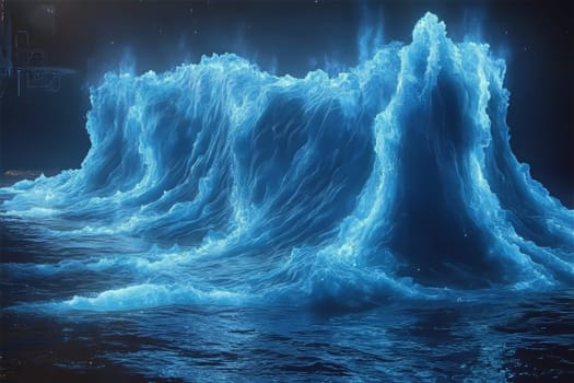 Glorious blue waves rise dramatically from calm ocean waters, illuminated by starlight in a serene nighttime atmosphere.
