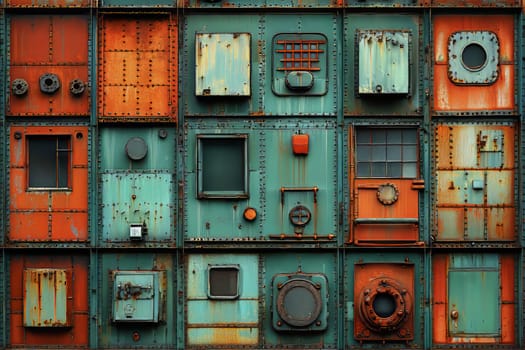 Rusted metal panels adorned with vibrant colors and intricate designs form a striking visual tapestry in an industrial area.