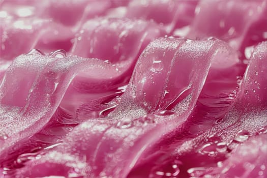 Soft contours create a mesmerizing pink surface, enhanced by glistening droplets that catch the light beautifully.